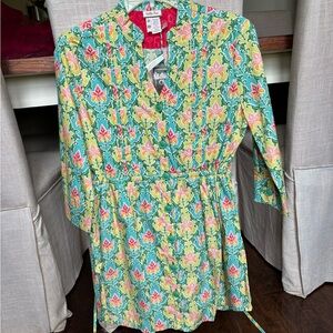 MATILDA JANE Floral Print Tunic Top Button Down Tie Waist Green Acres Small